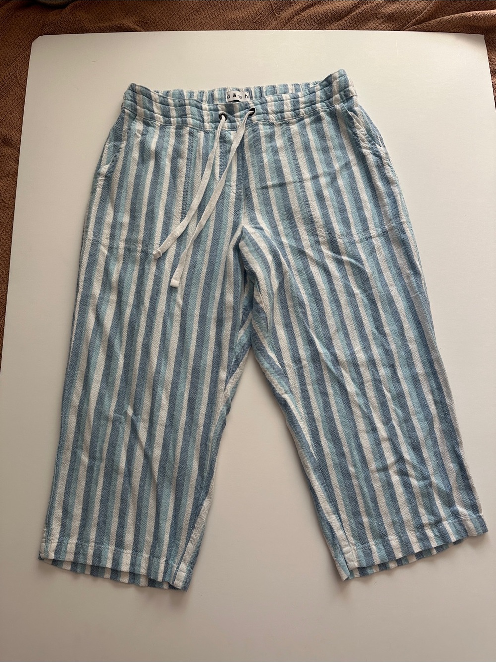 Light Blue and White Striped Linen Bottoms - Drawstring Waist, Boho style